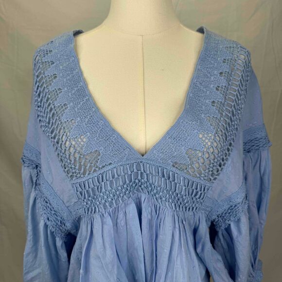 Free People Drive You Mad Blouse Blue Crochet Puff Sleeve Southern Bell Western - Picture 3 of 16